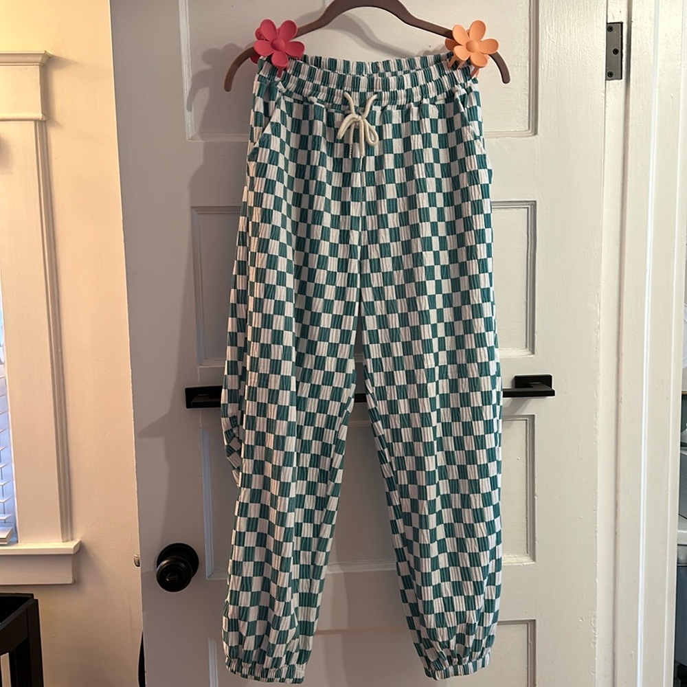 Faux Corduroy Check Drawstring Pants